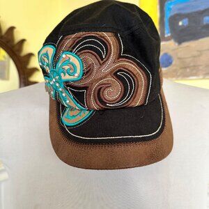 KB ETHOS Vintage Black Hat y2K Cap Brown Turquoise studded Applique